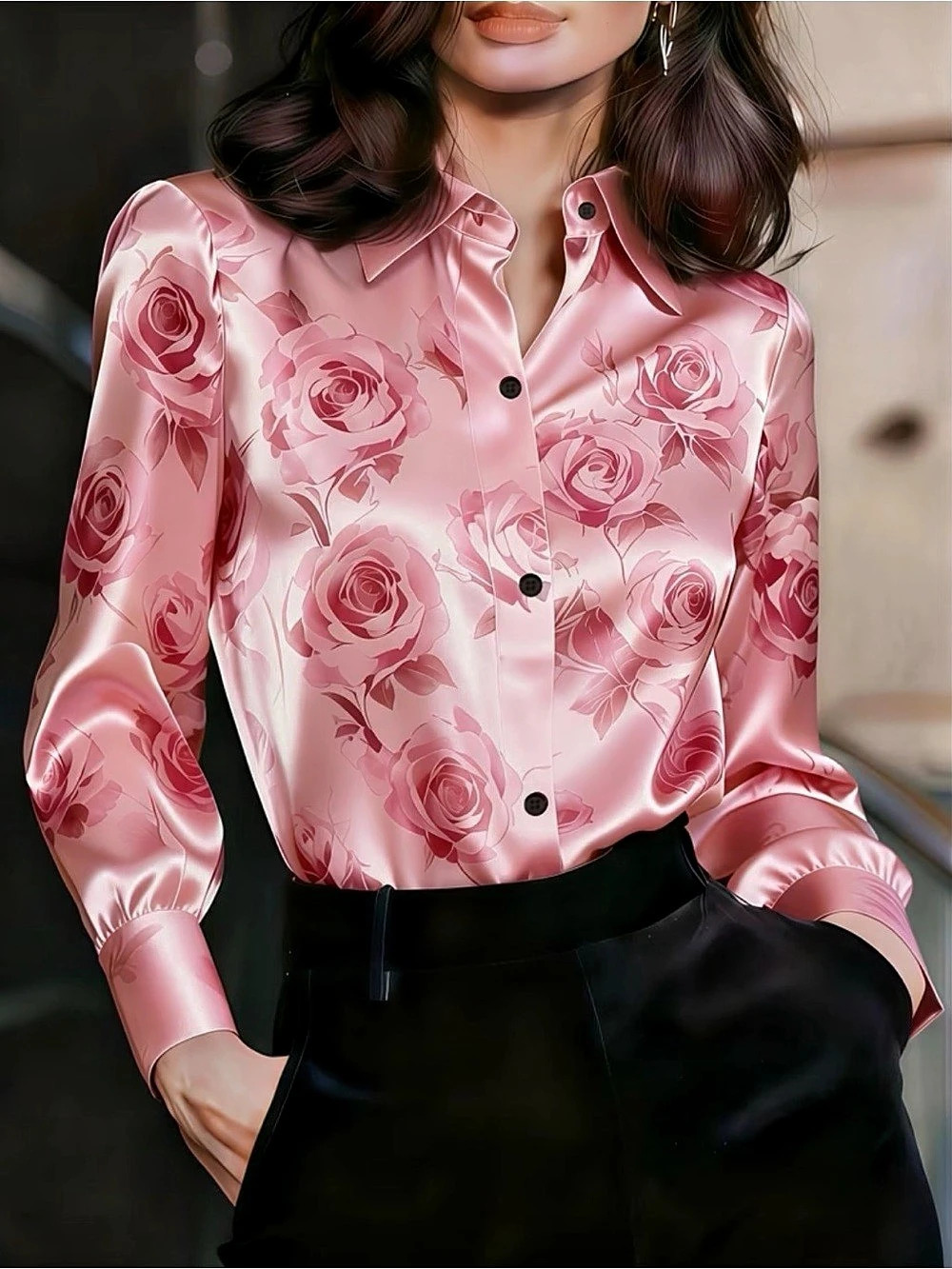 Floral Button-Down Blouse in Pink Satin Like New